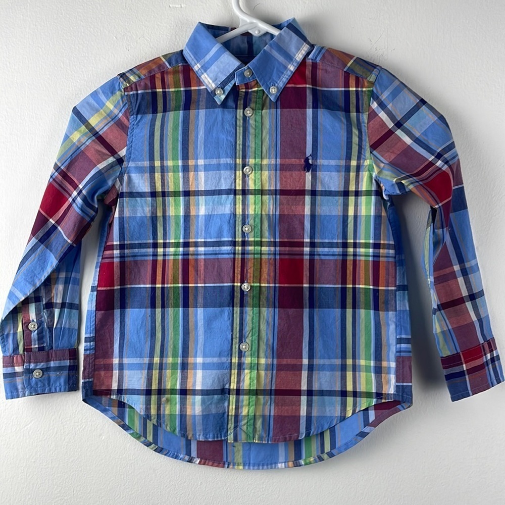 Ralph Lauren when I was boys size 4T red and white plaid button down shirt.